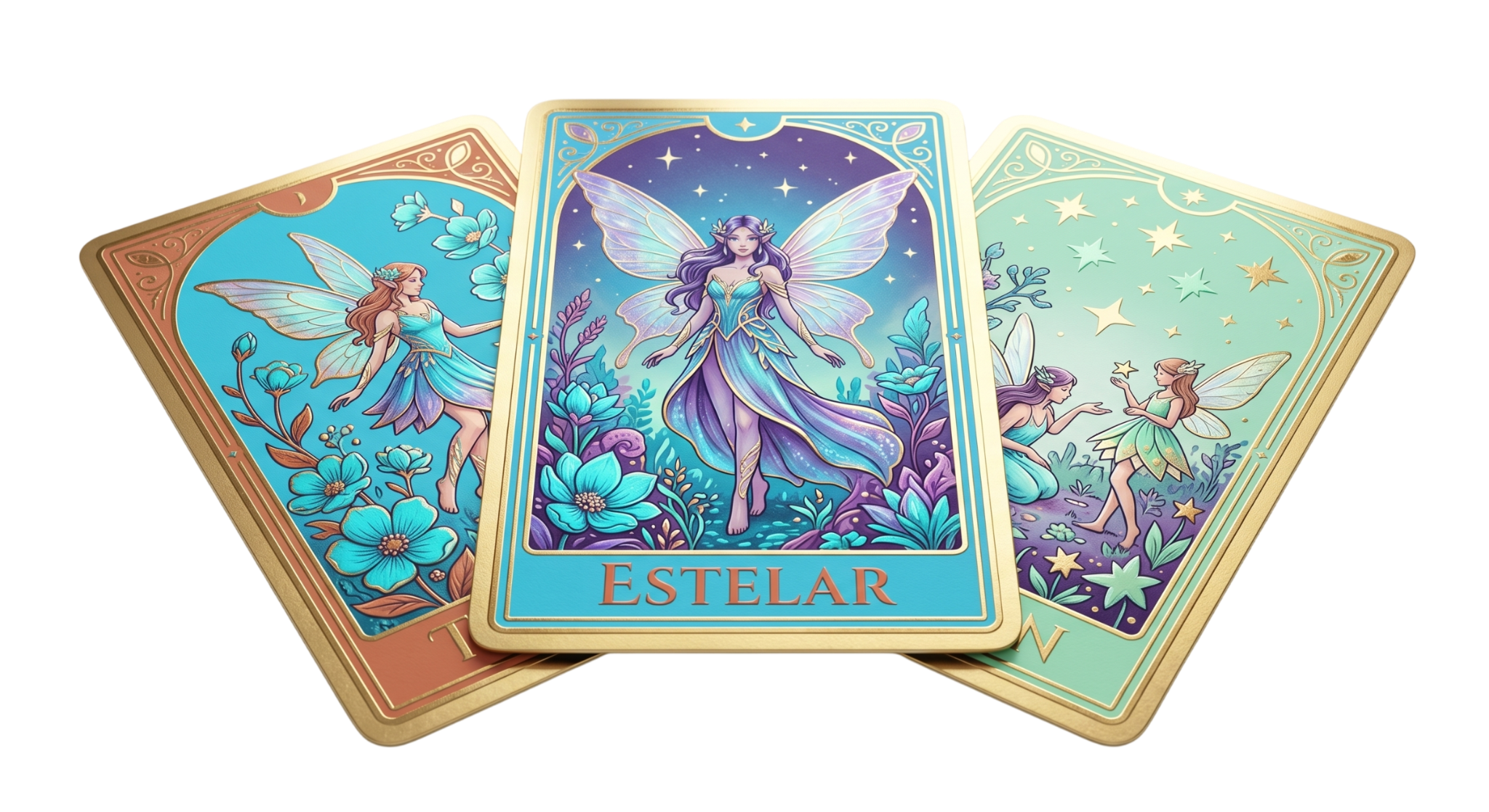 Três cartas ESTELAR com tons verde-água, dourado e lilás
